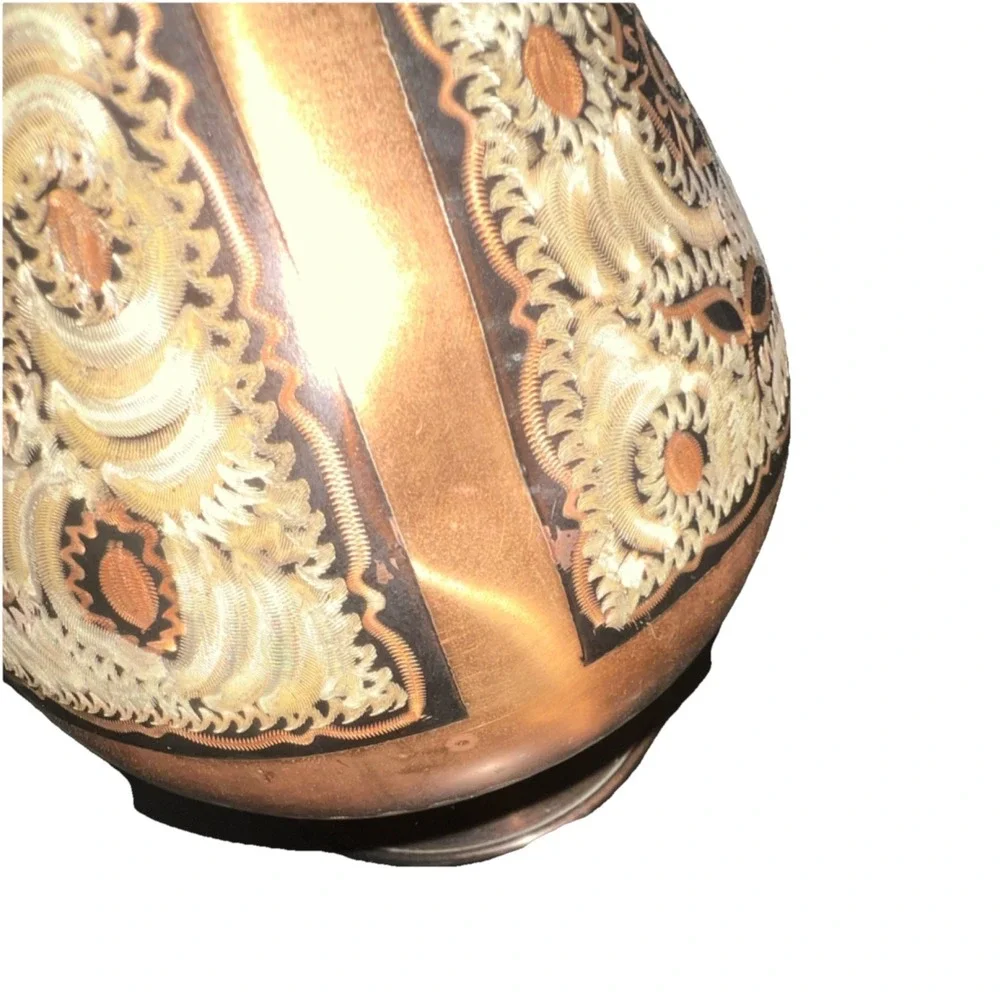 3/Antique Turkish Copper Vase with Carvings, Textured Abstract Art Design 10''
